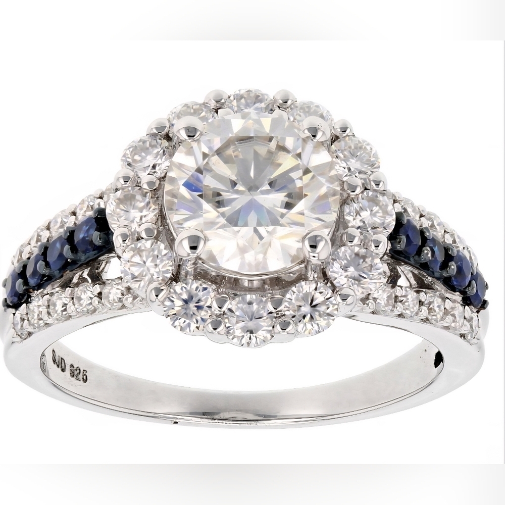 Moissanite Fire Blue Sapphire Platineve 925 Silver Ring